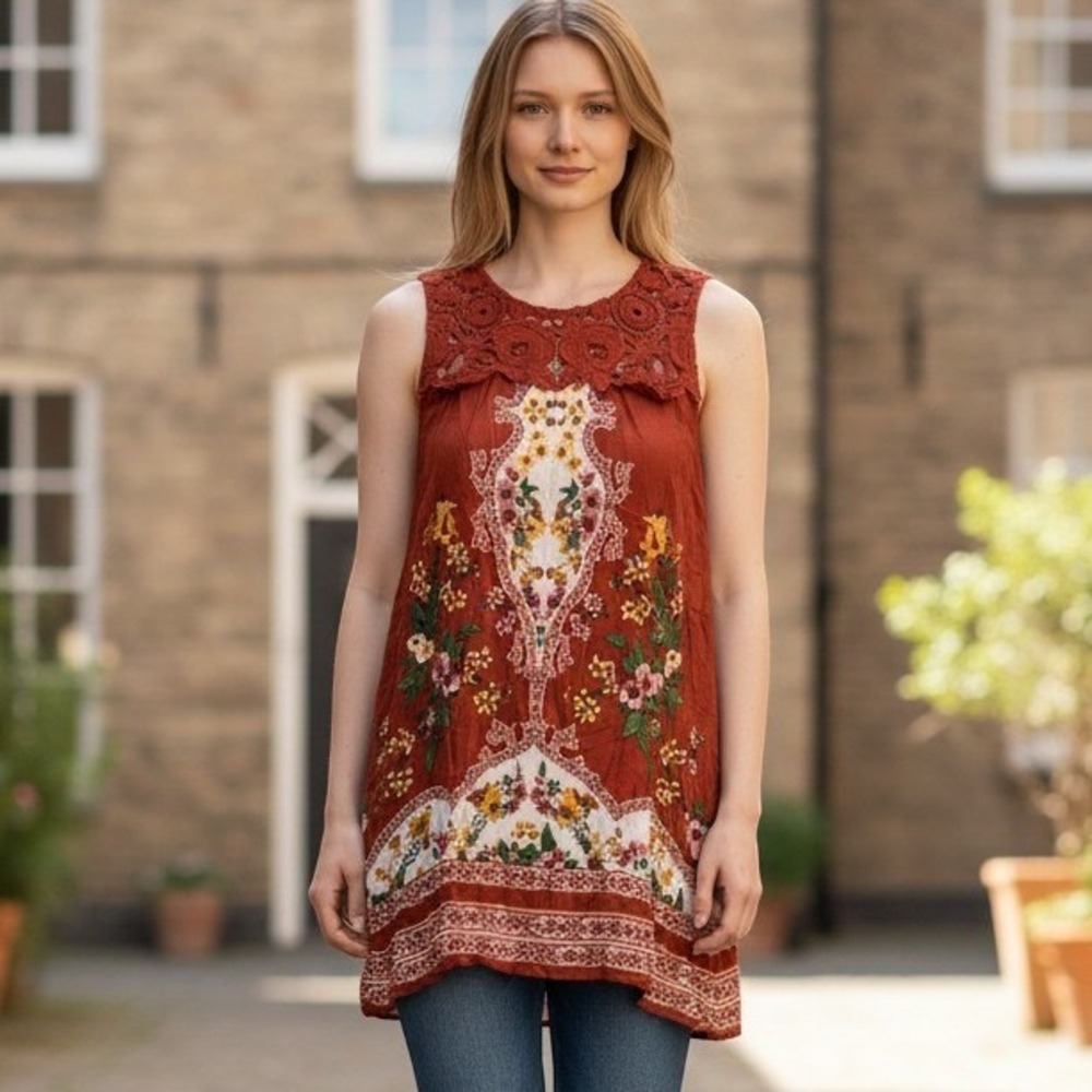 Moon River Floral Crochet Mini Dress Womens Small Rust Orange Boho B8SD1113